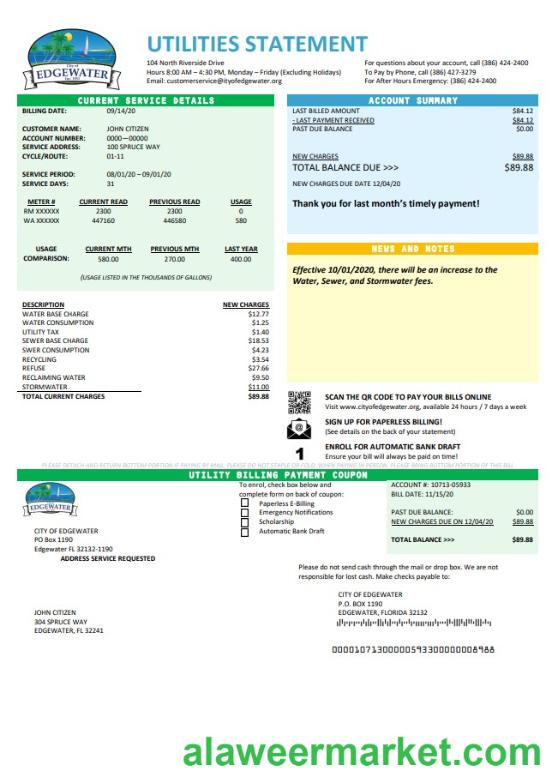 USA Florida City of Edgewater utility bill template in Word and PDF format